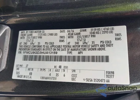 2017 Ford Escape Se из США, поврежденный, VIN 1FMCU9GD3HUA13159